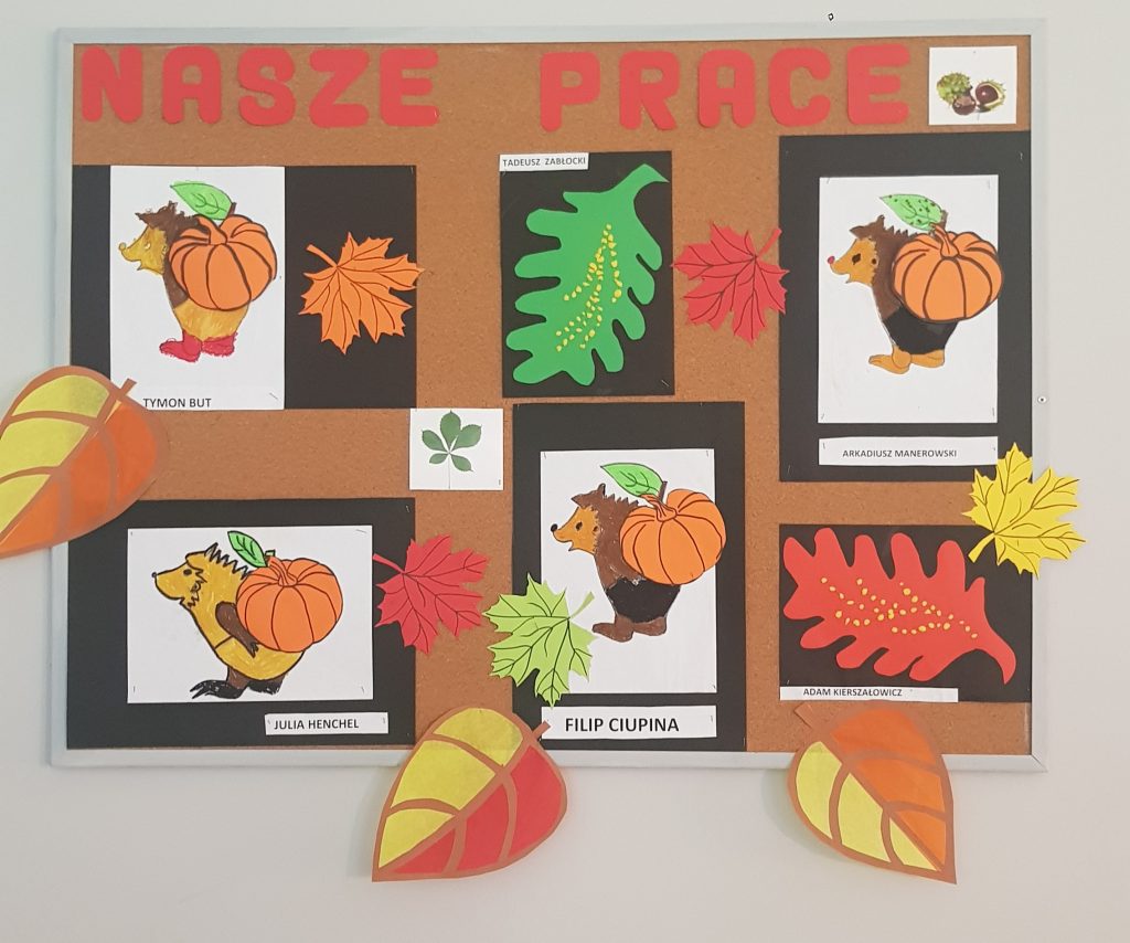 tablica ogłoszeń ze zdjęciami jesiennych liści i żołędzi.