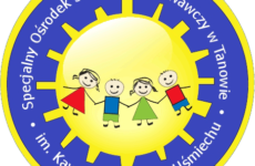 niebiesko-żółte kółko z wizerunkiem trójki dzieci trzymających się za ręce.