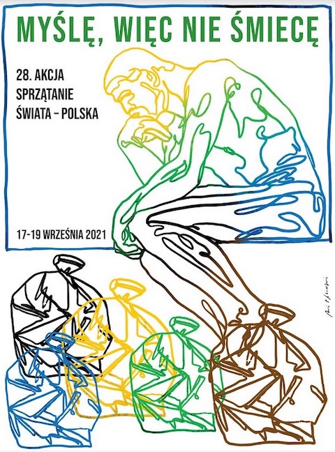 plakat z rysunkiem osoby jadącej na rowerze.