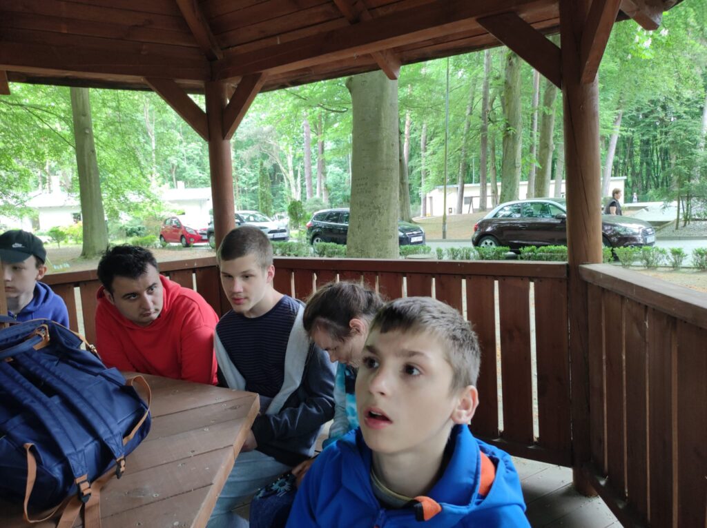 grupa młodych chłopców siedzących przy stole piknikowym.